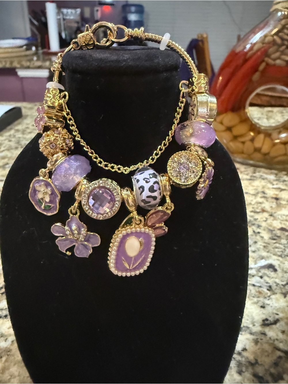 Gold-Tone Purple Charm Bracelet - Elegant Floral Pendant